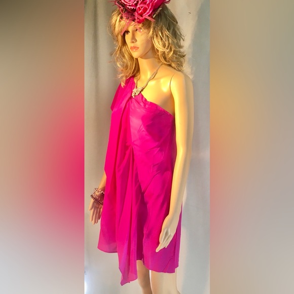 GREYLIN Pink One shoulder Silk Mini dress Draped Feminine Quiet Luxury Elegant - Picture 2 of 13